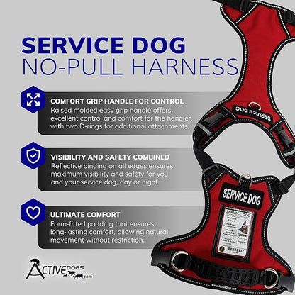 ActiveDogs No Pull Harness - Adjustable Service Dog Vest for XL Dogs, Red, 31"-44" with Patch, Control Handle, ID Window, D-Rings & Reflective Padding