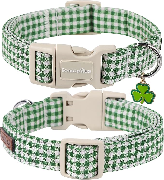 Lionet Paws St. Patrick Dog Collar, Comfortable Adjustable Green Collar with Green and White Grid Pattern for X-Large Male Female Dogs Collars, Neck 16-26 inches