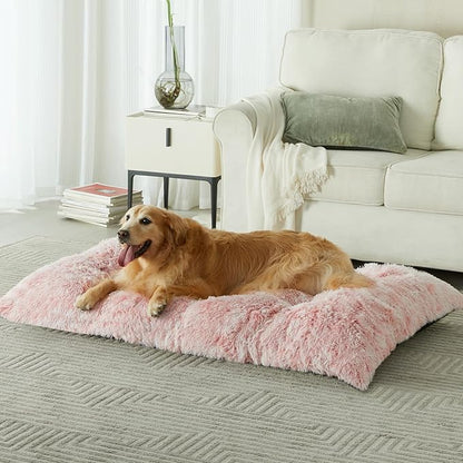 BFPETHOME Dog Beds for Large Dogs, Plush Kennel Pad - Fluffy Cozy &Ease Anxiety, Washable Dog Mats with Anti-Slip, 42(41 x 27 inch), Pink