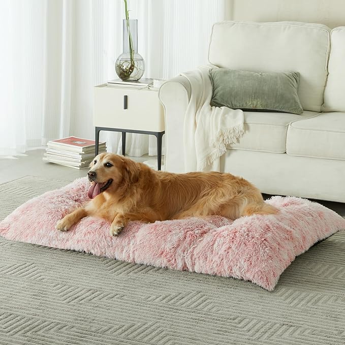 BFPETHOME Dog Beds for Large Dogs, Plush Dog Crate Bed Fluffy Cozy Kennel Pad for Sleeping &Ease Anxiety, Washable Pet Mats with Anti-Slip Bottom for Large Medium Dogs, Pet Bed, Pink