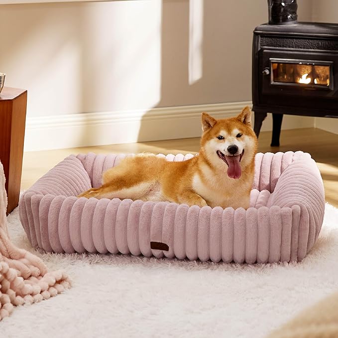 Bedsure ComfyFleece Cute Dog Bed for Large Dogs - Washable Furry Puppy Beds, Rectangle Orthopedic Corduroy Fleece Pet Beds with Removable Zipper Cover, 36x27x8inches, Blush Pink