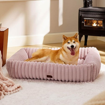 Bedsure ComfyFleece Cute Dog Bed for Large Dogs - Washable Furry Puppy Beds, Rectangle Orthopedic Corduroy Fleece Pet Beds with Removable Zipper Cover, 36x27x8inches, Blush Pink