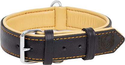 Riparo Genuine Leather Padded Dog Heavy Duty K-9 Adjustable Collar (L: 1.5" Wide for 17"-21" Neck, Black/Orange Thread)
