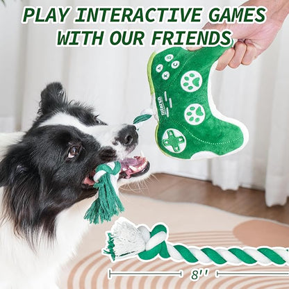MTERSN Squeaky Dog Toys : Interactive Dog Plush Toy with Full Crinkle Paper and Cute Puppy Chew Toys with Rope - Funny Gaming Controller Shape Dogs Birthday Gift (Green)
