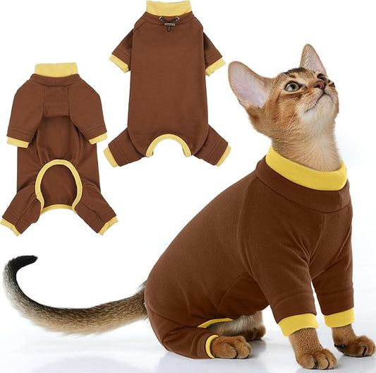 PUMYPOREITY Cat Recovery Suit, Stops Wound Licking After Surgery, Sticky Hair Shirt with Sticky Fabric, Cat Pajamas Prevents Over-Grooming, Brown, XS