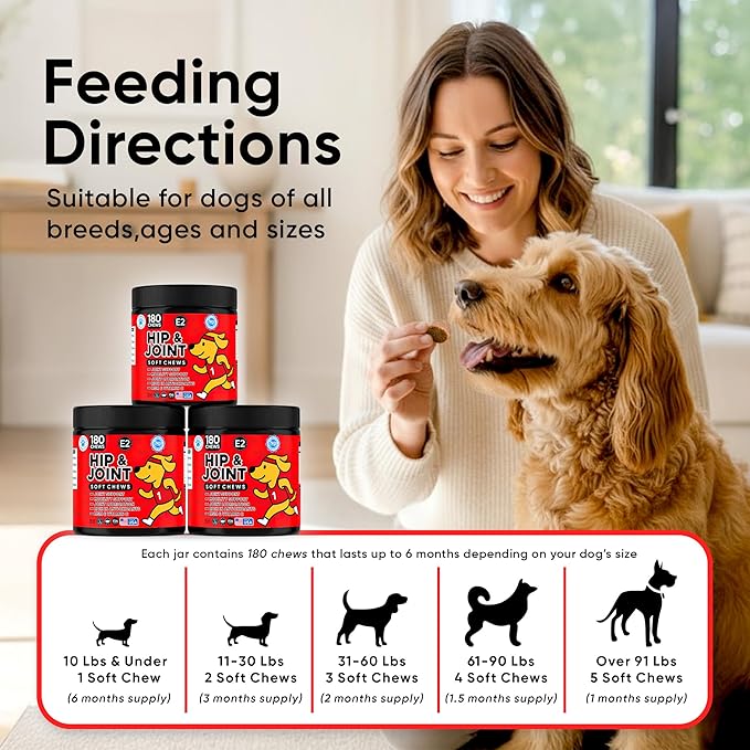 Hip & Joint Supplement for Dogs - Dog Treats with Glucosamine Chondroitin & Hyaluronic Acid - Chews for Mobility Support - Pain and Inflammation Relief - Tasty Dog Supplements for Comfort - 180 Count