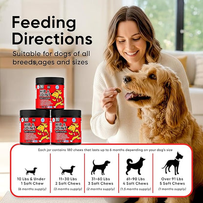 Hip & Joint Supplement for Dogs - Dog Treats with Glucosamine Chondroitin & Hyaluronic Acid - Chews for Mobility Support - Pain and Inflammation Relief - Tasty Dog Supplements for Comfort - 180 Count