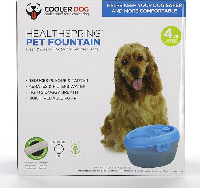 CoolerDog Dog Water Fountain Healthspring Pet Fountain - Ultra Quiet Filtered Water Encourages Hydration, 4L (136oz/1Gal)