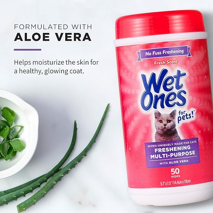 Wet Ones for Pets Freshening Multipurpose Wipes for Cats with Aloe Vera, Fresh Scent - Easy to Use Cat Cleaning Wipes for Pet Grooming in Canister, 50 Count - 3 Pack