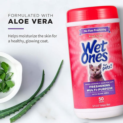 Wet Ones for Pets Freshening Multipurpose Wipes for Cats with Aloe Vera, Fresh Scent - Easy to Use Cat Cleaning Wipes for Pet Grooming in Canister, 50 Count - 3 Pack