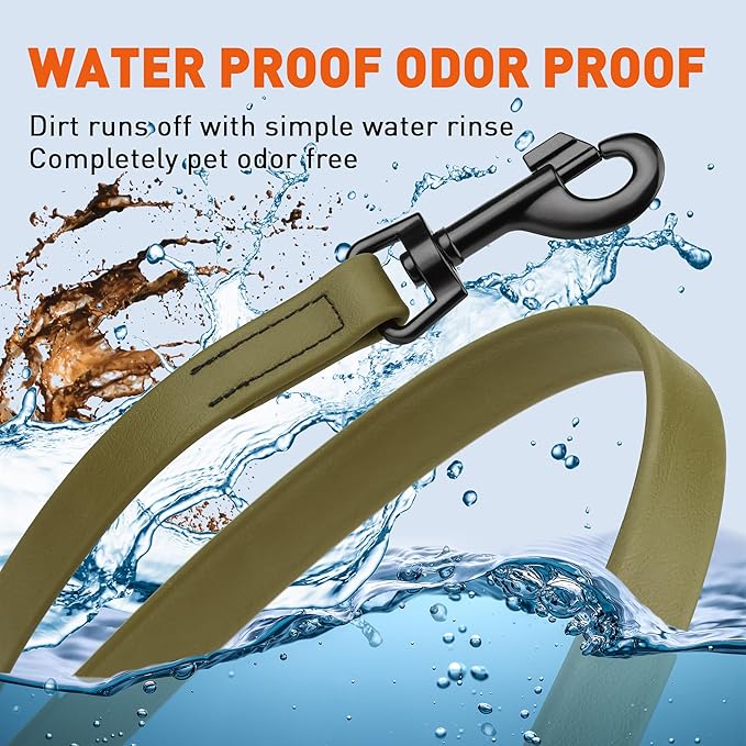 Dogline Biothane Waterproof Dog Leash Strong Coated Nylon Webbing with Black Hardware Odor-Proof Easy to Clean High Performance for Small or Large Dogs Made in USA 4 or 6 ft Lead, Olive Drab Green