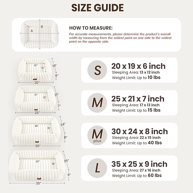 Warmrest Washable Dog Bed for Small Medium Dogs - Rectangle Orthopedic Corduroy Fleece Pet Bed with Removable Cover and Nonskid Bottom, Calming Puppy Bed Soft Pet Sofa, Cream(30x24x8inchs)