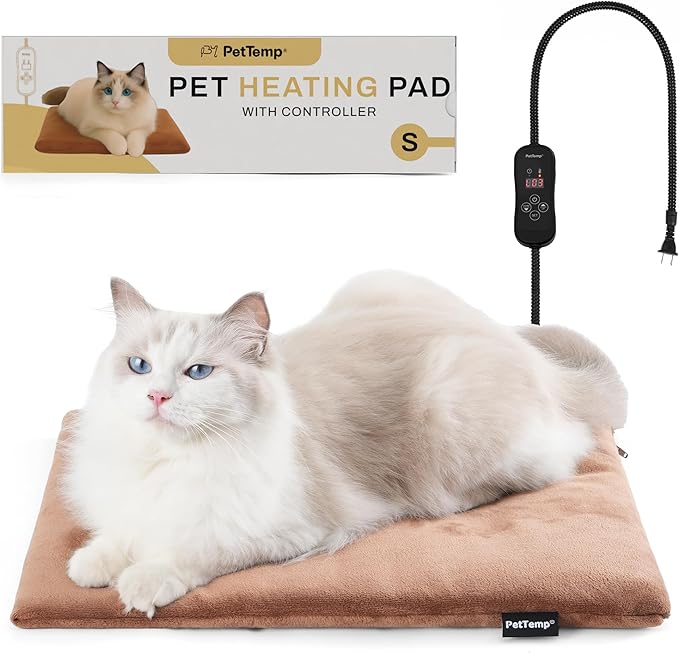 PetTemp Cat Heating Pad, Heated Cat Bed with 5 Heat Levels, Timer & Auto Shut-Off, Waterproof Warmer with Thick Fleece Cover, Chew-Resistant Cord, for Indoor & Sheltered Outdoor Use, 16" x 13"