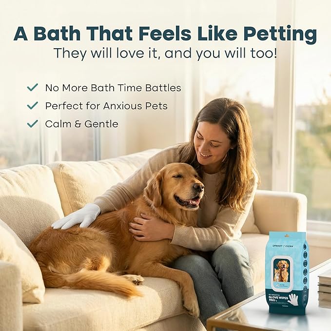 Uproot QuickClean Gloves Pro: Extra-Thick Pet Glove Wipes for Dogs & Cats - Easy Wipe Paws, Eyes, Ears, Butt, & Body - Lick-Safe for Cats & Dogs - Cleaning, Deodorizing & Grooming (20 Pack)