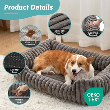 COZY KISS Orthopedic Dog Bed for Small Dogs & Cats - Washable Rectangle Pet Bed with Anti-Slip Bottom, Soft Calming Cat & Puppy Bed for Indoor Pets (25"x21"x6", Grey)