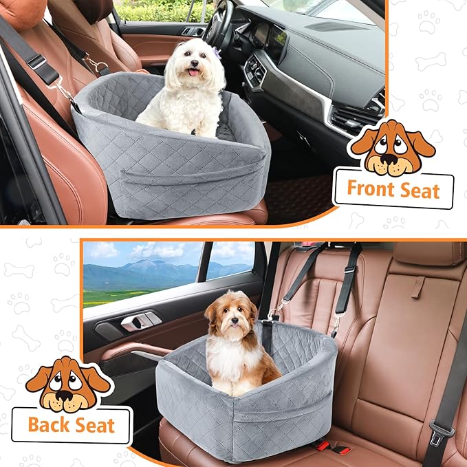 NEEZUKAR Dog Car Seat for Small Dogs,Detachable Washable Dog Booster Seat for Medium Dogs Under 30lbs, Pet Car Seat Travel Bed with Storage Pockets and Dog Safety Belt (Grey)