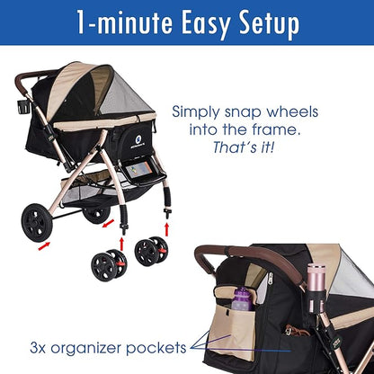 HPZ Pet Rover XL Extra-Long Premium Heavy Duty Dog/Cat/Pet Stroller Travel Carriage for Small, Medium, Large Pets (Taupe 2nd-Gen)