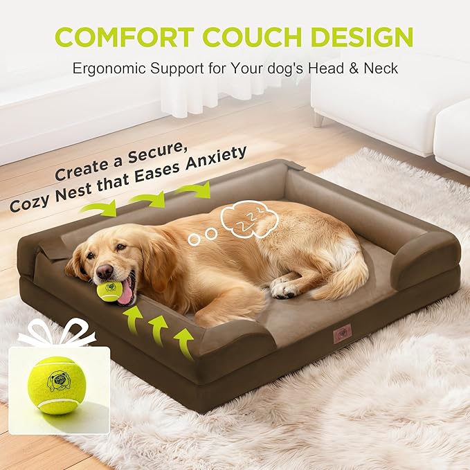 Orthopedic Dog Beds for Large Medium Dogs, Big Waterproof Memory Foam Pet Couch Bed with Removable Washable Cover, Tennis Ball Toy, 36x27