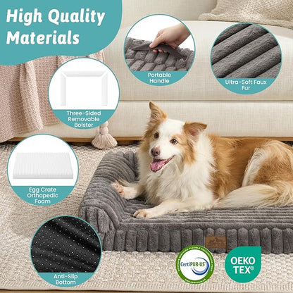 COZY KISS Cute Dog Bed for Large Dogs, Faux Rabbit Fur Orthopedic Foam Dog Bed with Sides, Removable Washable Cover & Waterproof Lining, Comfortable Pet Couch, Grey (44" L x 32" W x 7" Th)