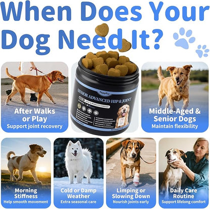 POPPAW Senior Advanced Joint Supplement for Dogs – 17-in-1 Glucosamine for Dogs with Chondroitin – Hip & Joint Pain Relief Pills – Mobility Support Chews – Large & Small Breeds - Chicken Flavor – 90Ct