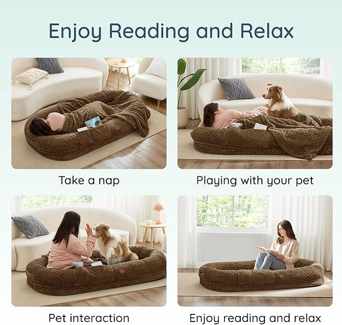 Human Dog Bed for Adult - Luxury Faux Fur Giant Size Dog Bed with Portable Handle, Egg Orthopedic Foam with Blanket, 72"x40"x10", Brown