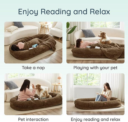Human Dog Bed for Adult - Luxury Faux Fur Giant Size Dog Bed with Portable Handle, Egg Orthopedic Foam with Blanket, 72"x40"x10", Brown