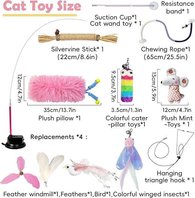 CUUOOT 7-in-1 Kitten Toys for Indoor Cats with Washable Adhesive Suction Cup, Hanging Interactive Cat Toys, Silvervine Stick and Sisal Chew Rope Catnip Teething Toy for Bored Kitten (Pink)