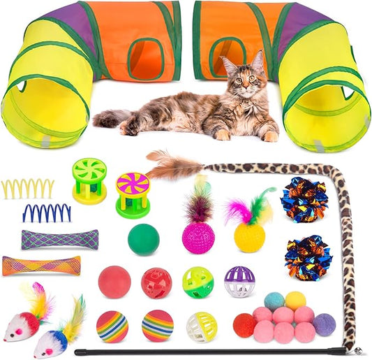 Retro Shaw 33Pcs Cat Toys with Tunnels, Interactive Kitten Toys for Indoor Cats Kitty, Collapsible Cat Tube Tent Feather Wand Teaser Bell Fuzzy Ball Crinkly Springs Mouse - Large Cat Tunnel Toys Set
