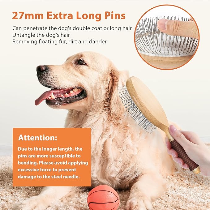 GROOMAGE Dog Brush for Long Haired Dogs, 27mm Extra Long Pin Brush for Grooming, Shedding - Beech Wood Material, Non-Slip Rubber Handle, Round-Tipped Pins
