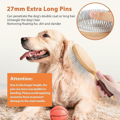 GROOMAGE Dog Brush for Long Haired Dogs, 27mm Extra Long Pin Brush for Grooming, Shedding - Beech Wood Material, Non-Slip Rubber Handle, Round-Tipped Pins