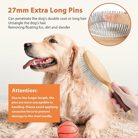 GROOMAGE Dog Brush for Long Haired Dogs, 27mm Extra Long Pin Brush for Grooming, Shedding - Beech Wood Material, Non-Slip Rubber Handle, Round-Tipped Pins