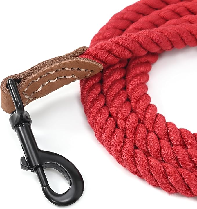 Mile High Life Dog Leash, Braided Cotton Rope Leashes with Leather Tip - Heavy Duty Metal Clasp, 4FT, 1/2" Thick - Wedding, Walking & Training Leash for Small Medium Large Dogs (Red)