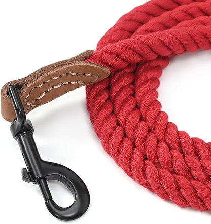 Mile High Life Dog Leash, Braided Cotton Rope Leashes with Leather Tip - Heavy Duty Metal Clasp, 4FT, 1/2" Thick - Wedding, Walking & Training Leash for Small Medium Large Dogs (Red)