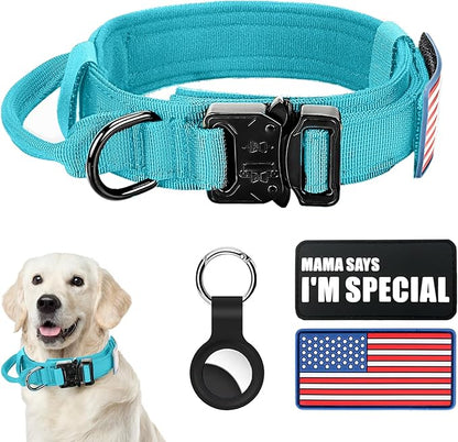 Tactical Military Dog Collar - Adjustable Nylon, Heavy Duty Metal Buckle with Handle for Dog Training, with Patches (Light Blue 1, L)