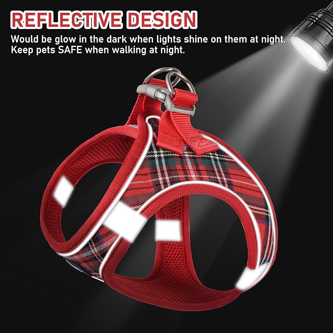GAMUDA Small Dog Harness Collar and Leash Set, Step in No Chock No Pull Soft Mesh Adjustable Dog Vest Harnesses Plaid Reflective for Dogs Puppy Cats Kitten Rabbit (Red, M)
