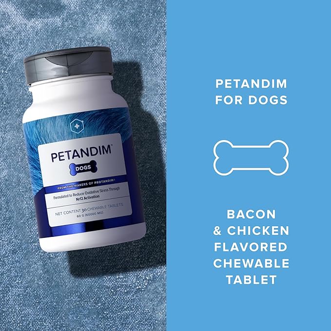 Petandim Dog Vitamins (30 Chewable Tablets), Antioxidants Reduce Oxidative Stress, Joint Supplement for Dogs, Skin and Coat Supplement, Omega-3 & Collagen for Dogs, Chicken + Bacon Flavor