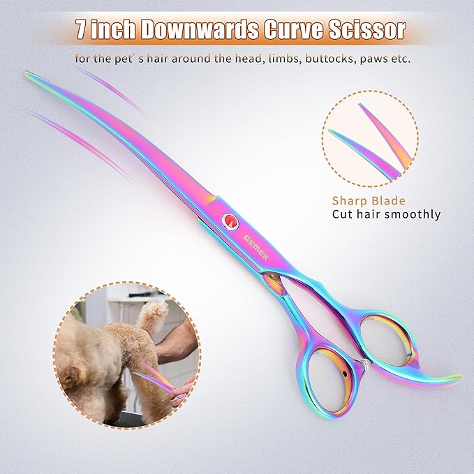 7.0in Titanium Professional Pet Grooming Scissors Set, GEMEK 6 in 1 Straight & Thinning & Upwards Curved & Downwards Curved Scissors & Comb for Dogs, Cats (Rainbow)