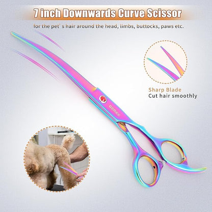 7.0in Titanium Professional Pet Grooming Scissors Set, GEMEK 6 in 1 Straight & Thinning & Upwards Curved & Downwards Curved Scissors & Comb for Dogs, Cats (Rainbow)