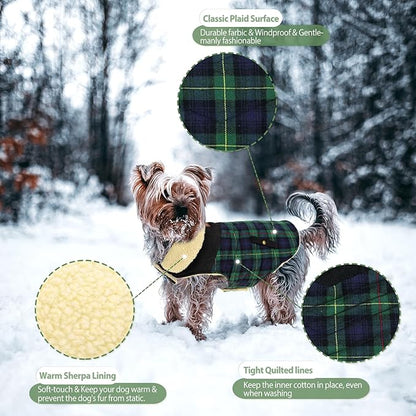 Preferhouse Winter Coat for Small and Medium Dogs, Puppy Plaid Jacket, Cotton Coat for Cold Weather, Windproof Warm Dog Garments, Pet Thickened Outfits Indoor Outdoor, Green S