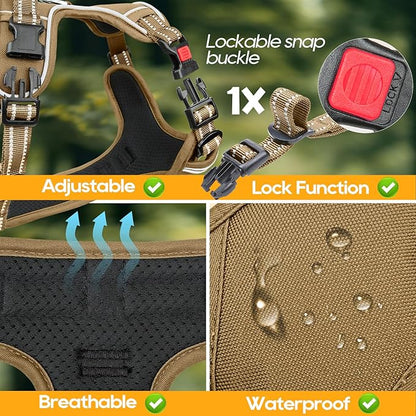 Timos Dog Harness Large Sized, No Pull Pet Harness with Neck Lockable Snap,No Choke Front Clip Dog Reflective Vest,Adjustable Metal Rings 3 Buckles,Easy Control Handle for Large Dogs Khaki XL