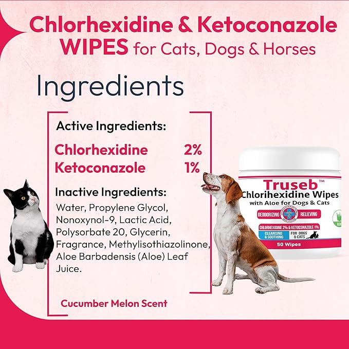 Pet Health Pharma Truseb Topical Ketoconazole and Chlorhexidine Wipes for Dogs, Cats and Horses - with Aloe for Cleansing - 50 Count (Ketoconazole & Chlorhexidine Wipes, 50 Count)