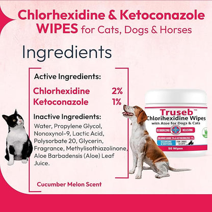 Pet Health Pharma Truseb Topical Ketoconazole and Chlorhexidine Wipes for Dogs, Cats and Horses - with Aloe for Cleansing - 50 Count (Ketoconazole & Chlorhexidine Wipes, 50 Count)