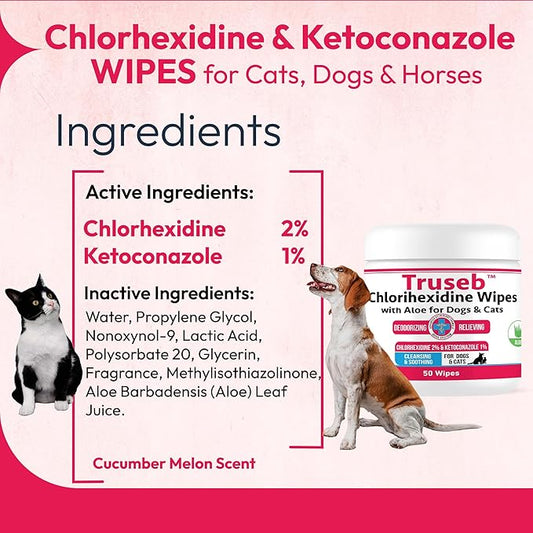 Pet Health Pharma Truseb Topical Ketoconazole and Chlorhexidine Wipes for Dogs, Cats and Horses - with Aloe for Cleansing - 50 Count (Ketoconazole & Chlorhexidine Wipes, 50 Count)