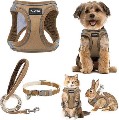 GAMUDA Small Pet Harness Collar and Leash Set, Step in No Chock No Pull Linen Fabric Soft Mesh Dog Vest Harnesses Reflective for Dogs Puppy Cats Kitten Rabbit (Brown, XL)