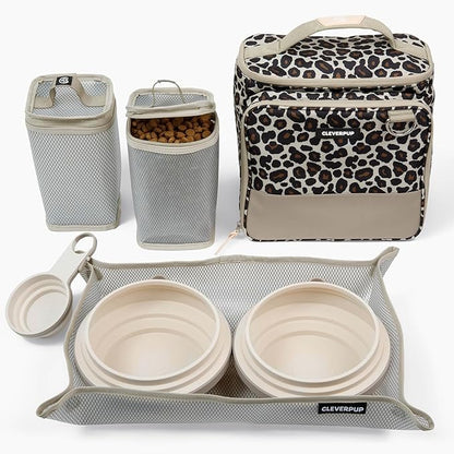 Cleverpup, Large 7-Piece Bistro Box Dog Food Travel Kit, 12-Cup Kibble Storage, 2 Silicone Bowls, Mat & Scoop - Premium Portable Pet Food Kit for Weekends, Overnights, Daycare & Camping, Leopard