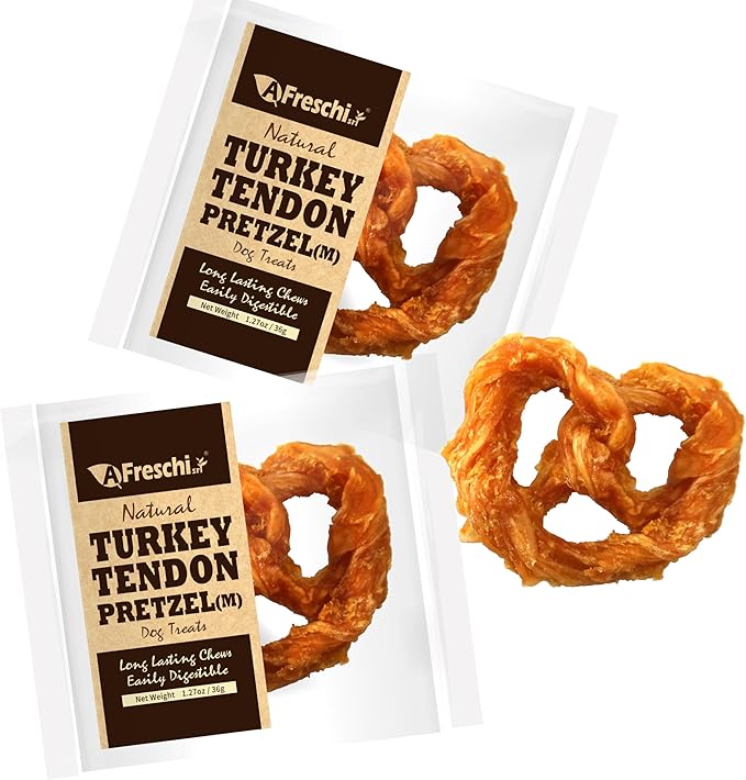 A Freschi srl Turkey Tendons for Dogs, USA-Sourced, Healthy Dog Treats, Rawhide-Free Puppy Chews, Long Lasting, All Natural, Hypoallergenic Dog Treats for Medium Breeds, 2 Count Pack Pretzel (M)