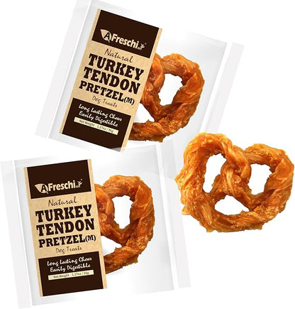 A Freschi srl Turkey Tendons for Dogs, USA-Sourced, Healthy Dog Treats, Rawhide-Free Puppy Chews, Long Lasting, All Natural, Hypoallergenic Dog Treats for Medium Breeds, 2 Count Pack Pretzel (M)