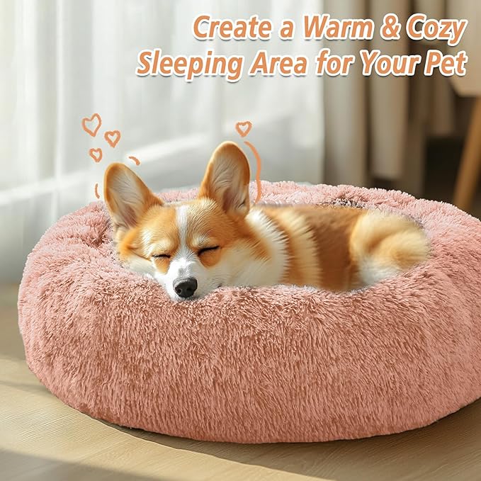 JOLLYVOGUE Calming Small Dog & Cat Bed for Indoor Cats - 20 inches Washable Donut Bed for Kittens & Puppies, Anti-Anxiety Round Fluffy Plush Pet Beds (Fits up to 15 lbs, Peach Pink)