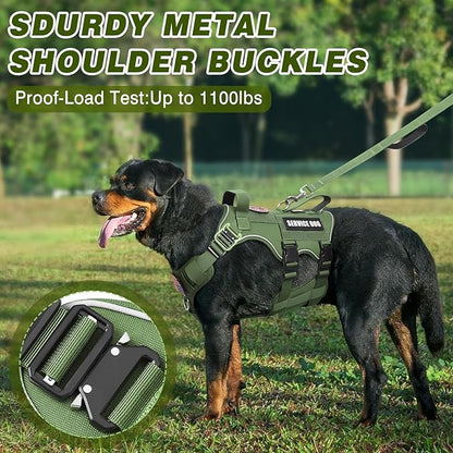Tactical Service Dog Vest Harness and Leash Set,Heavy Duty Dog Harness with Metal Buckles for Large Dogs,Adjustable No Pull Pet Vest with 10 Patches,for Training Working Hiking,Green XL