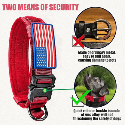 Tactical Dog Collar and Bungee Leash,Military & Leash Set with USA American Flag Adjustable K9 Heavy Duty Metal Buckle Handle,with Patches Airtags Case (XL, Red(1PCS))